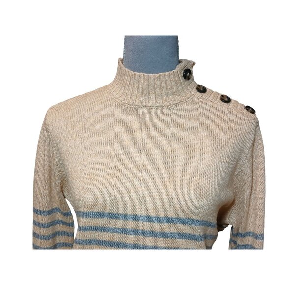 St Johns Bay Womens Mock Neck Sweater Beige Blue Stripe Button Shoulder XL - Picture 5 of 7